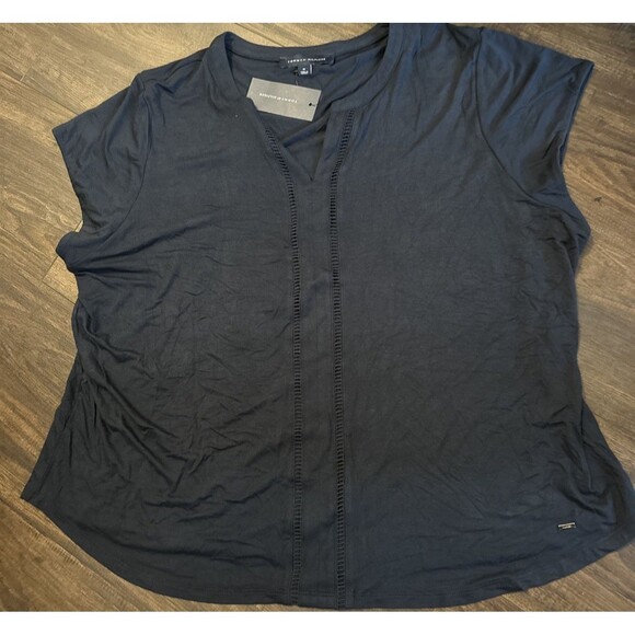 Tommy Hilfiger Women's Plus Size Split-Neck Cap-Sleeve Top Midnight Blue 1X - Picture 3 of 5